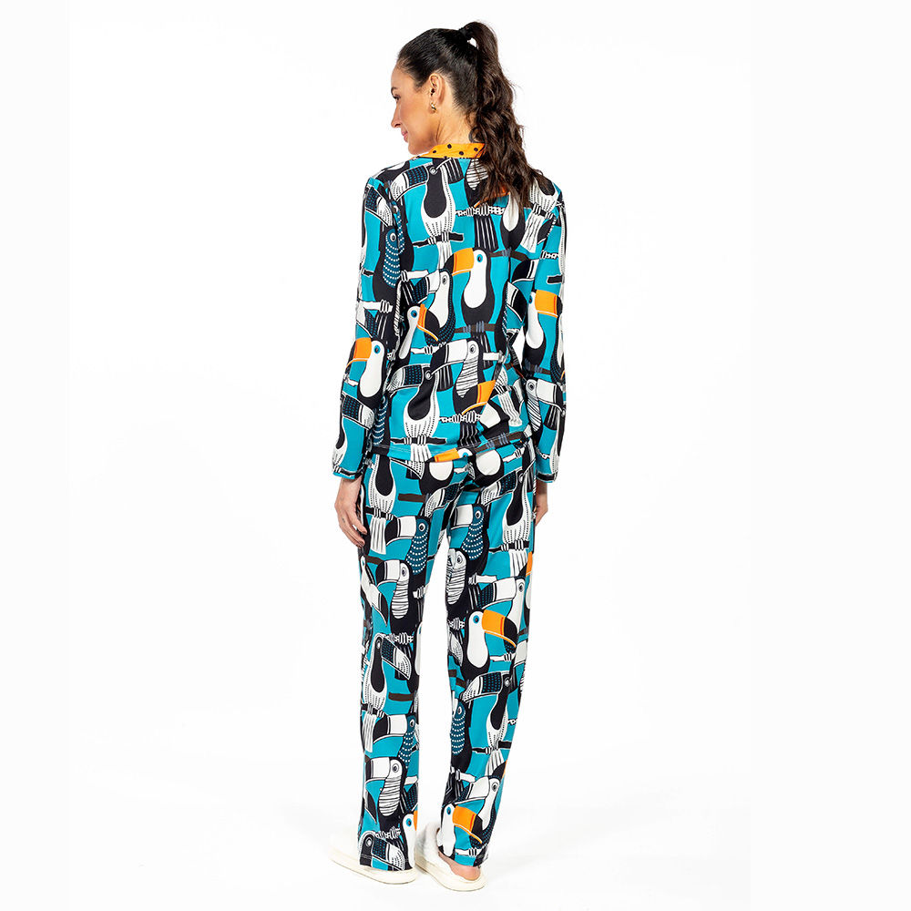 Pijama Feminino Manga Longa Americano Estampado Tucano Vetor Pontos