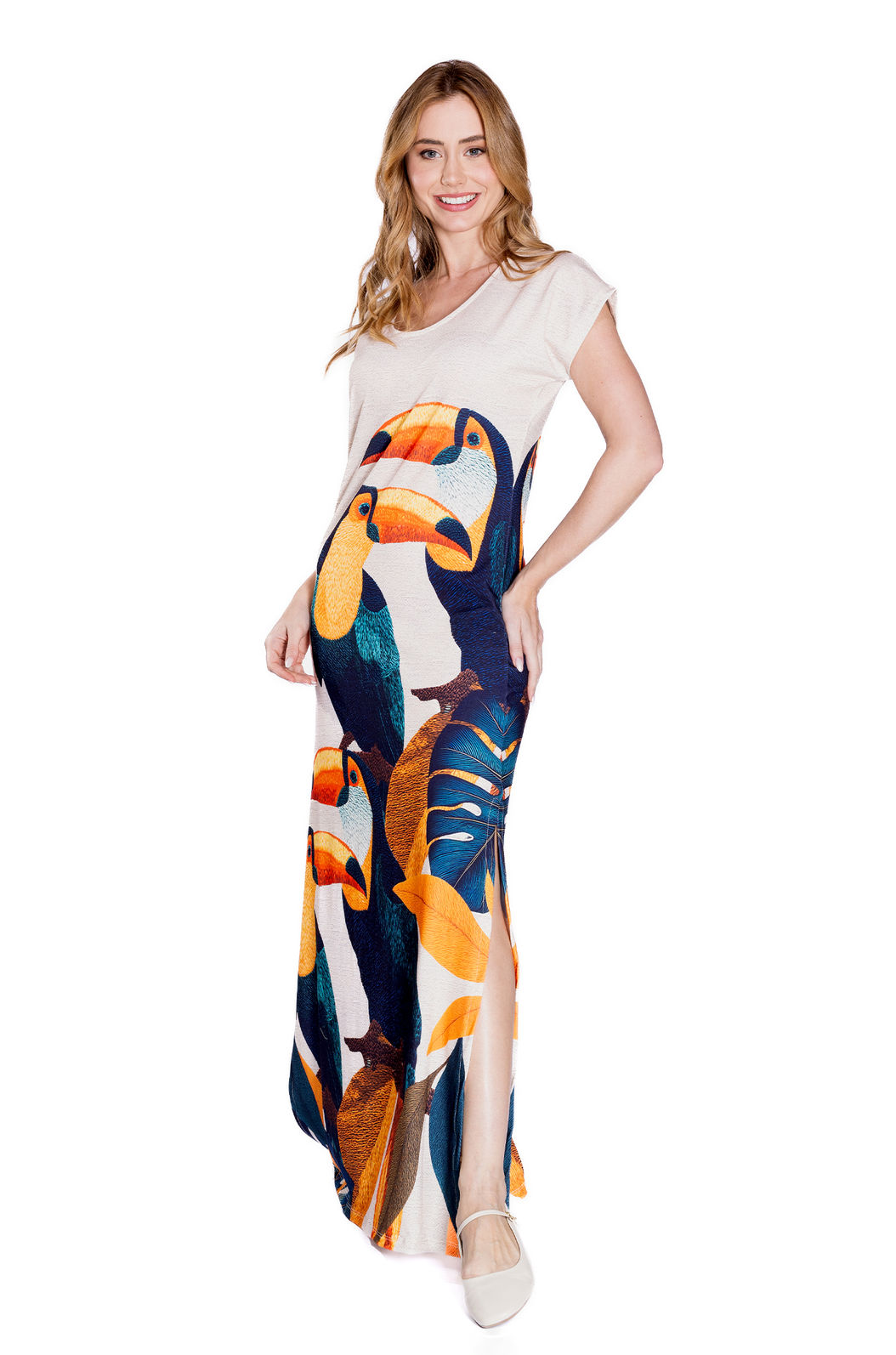 Vestido Feminino Jeri Longo New Estampado Tucanos Tela Bordada