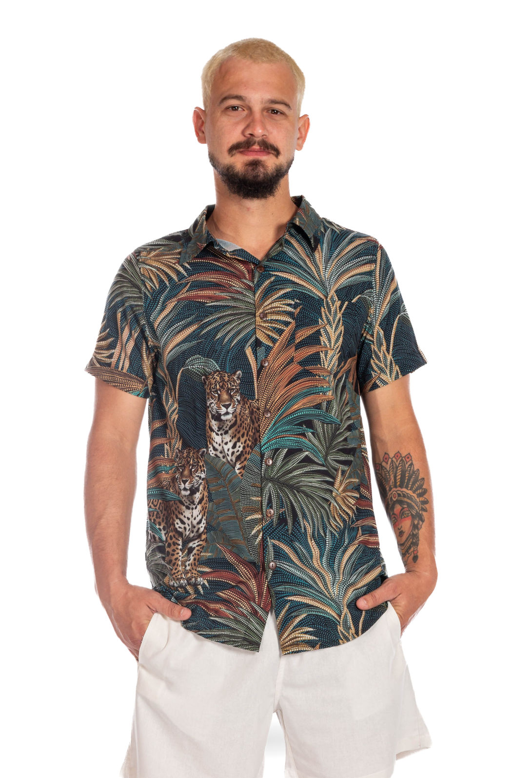 Camisa Masculina de Botão Estampada Onças Pontos de Luz Camisa Masculina de Botão Estampada Onças Pontos de Luz