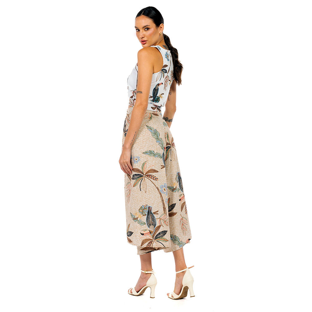 Calça Feminina Transpassada Estampada Tucaninhos Bordados