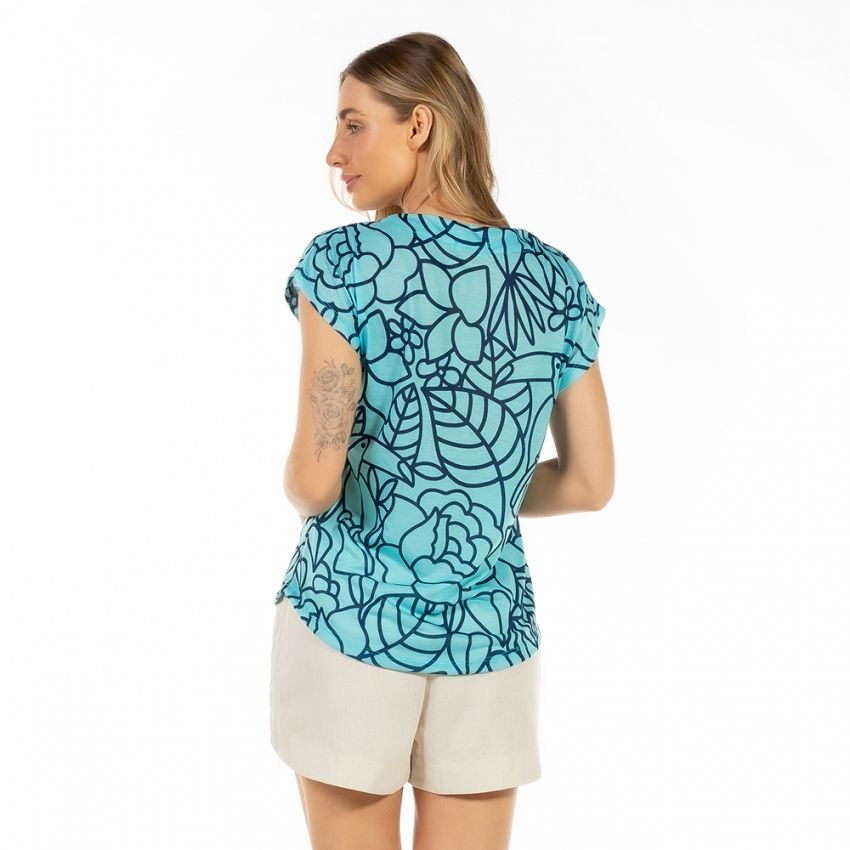 Blusa Feminina Jasmim Estampada Tucano Flores Linhas Azul