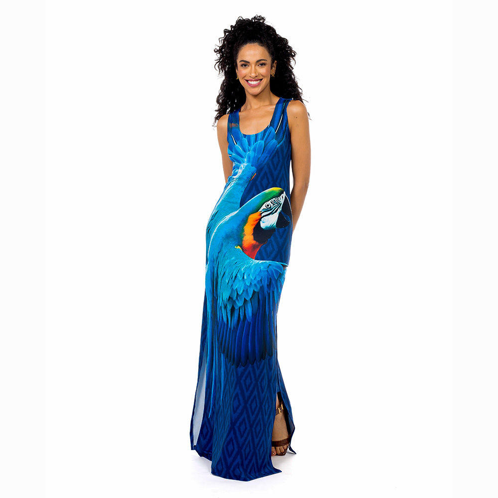 Vestido Feminino Hortência Estampado Maxi Arara Fundo Azul