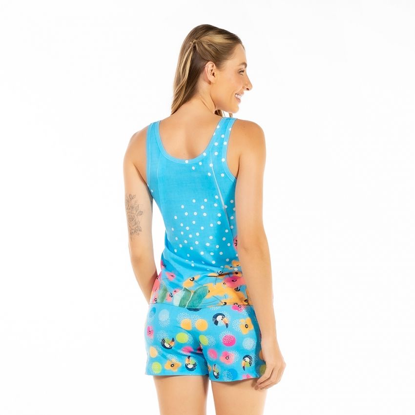 Pijama Feminino Adulto Estampado Tucano Flor Bola Fundo Azul