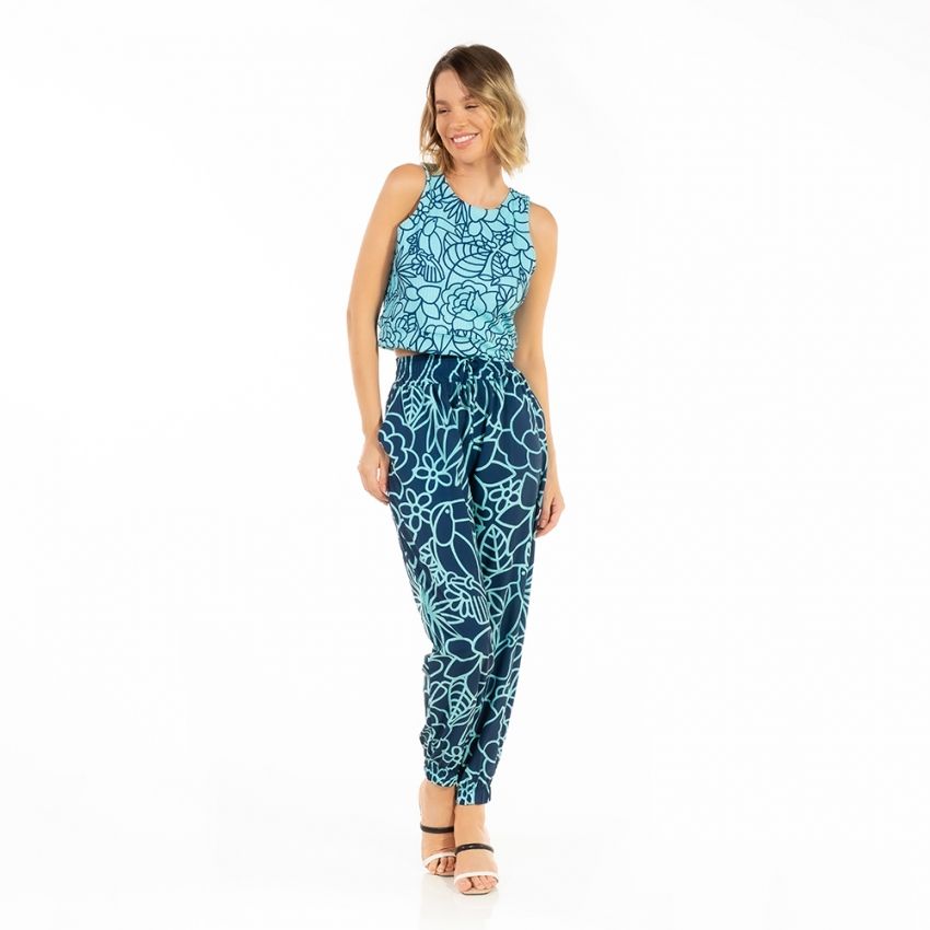 Top Feminino Canelado Estampado Tucano Flores Linhas Azul