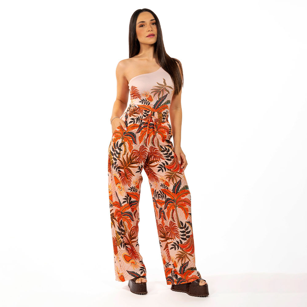 Calça Feminina Ampla Atena Estampada Natureza Bordada