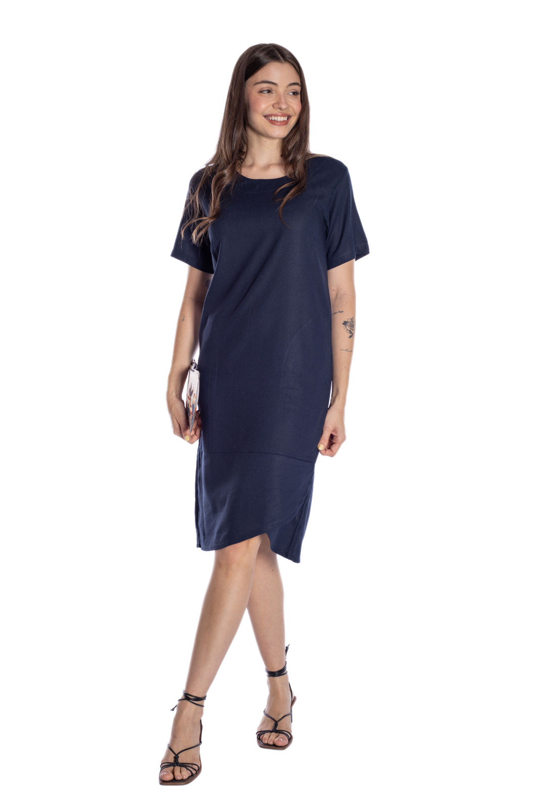 Vestido Feminino Linho Transpasado com Barrado Marinho Vestido Feminino Linho Transpasado com Barrado Marinho