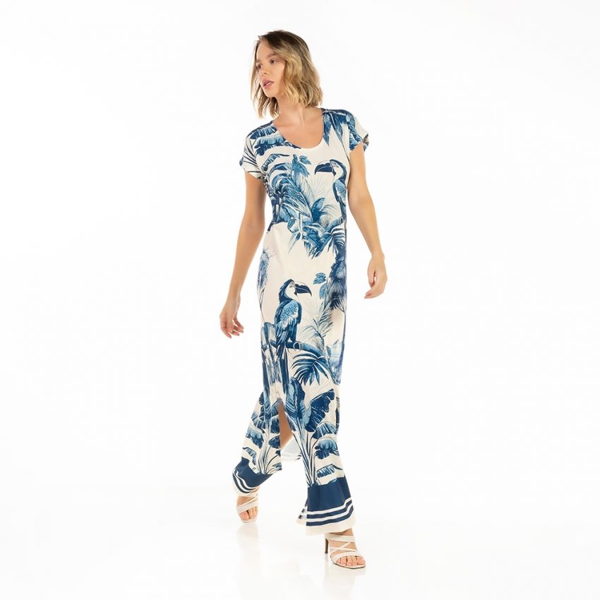 Vestido Feminino Jeri Longo New Estampado Tucano Paisagem Tons de Azul Vestido Feminino Jeri Longo New Estampado Tucano Paisagem Tons de Azul