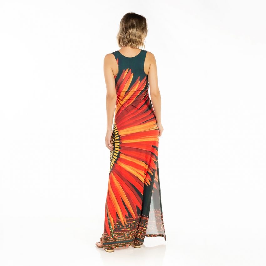 Vestido Feminino Hortência Estampado Cocares Barrado Fundo Verde