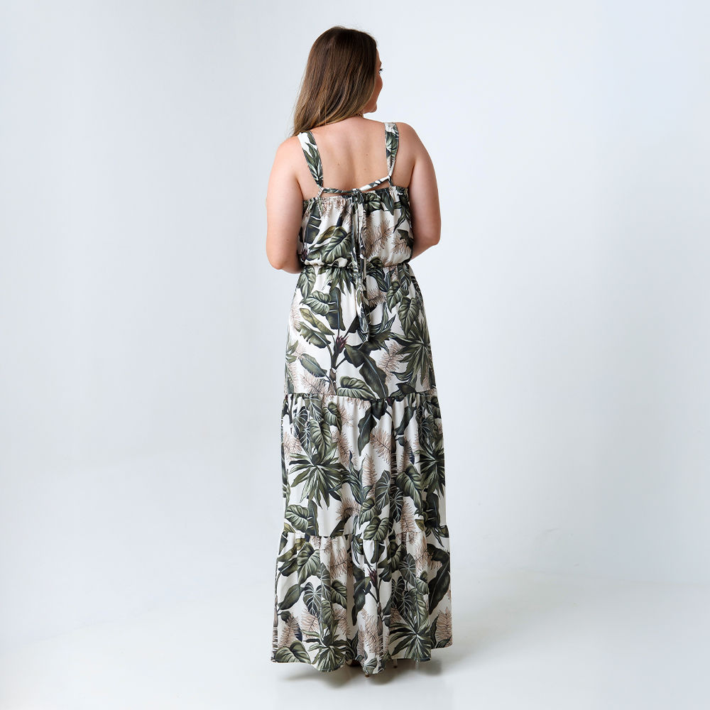 Vestido Feminino Aurora Estampado Folhagens Fundo Linho Off