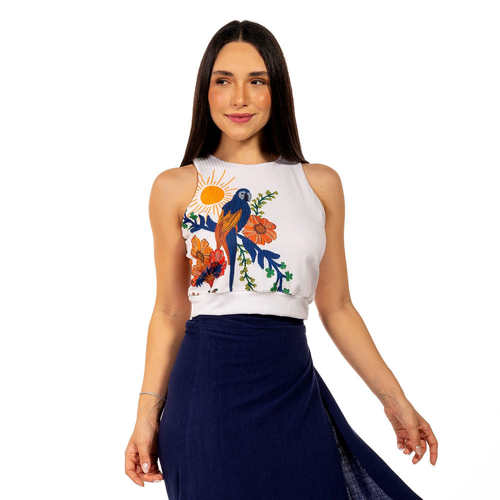 Top Feminino Canelado Estampado Arara Tropical Bordado