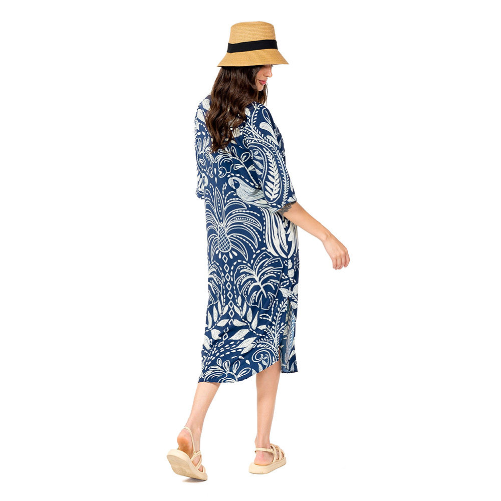 Vestido Feminino Chemise Atena Gola Padre Estampado Araras Bordado Fundo Off