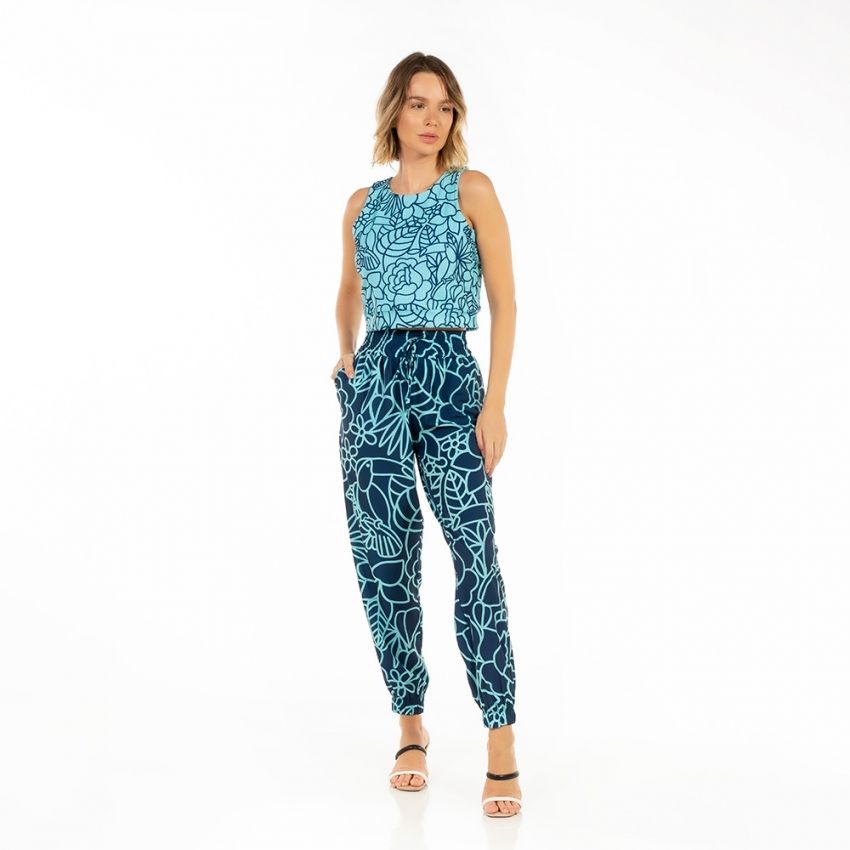 Top Feminino Canelado Estampado Tucano Flores Linhas Azul