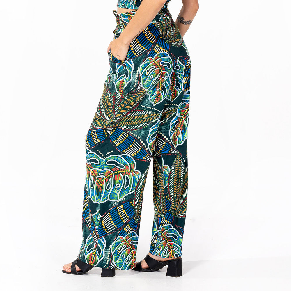 Calça Feminina Ampla Atena Estampada Araras Folhagens Etnicas
