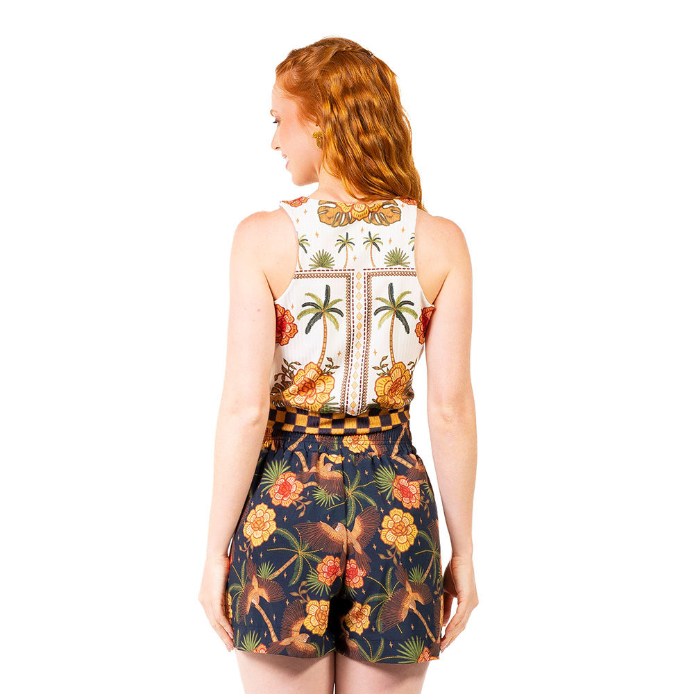 Shorts Feminino Atena Resort Estampado Tucano Barra Noite Fundo Azul