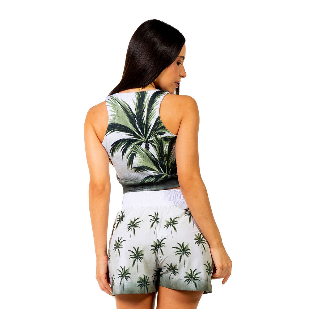 Shorts Feminino Atena Resort Estampado Palmeiras Fundo Degrade