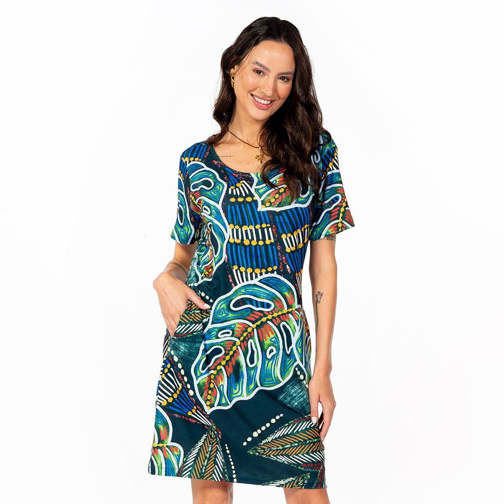 Vestido Feminino Floresta Estampado Araras Folhagens Etnicas