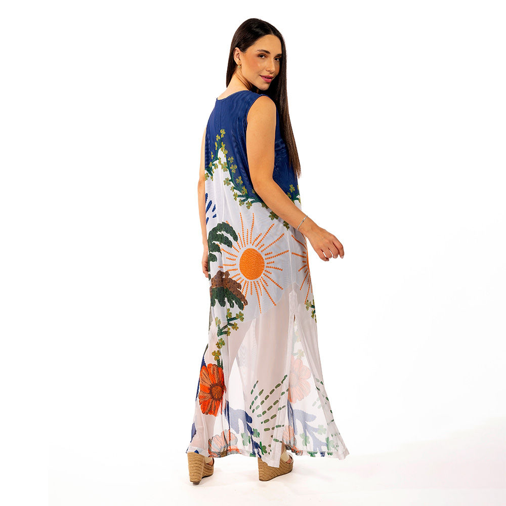 Vestido Feminino Tule Maré Estampado Arara Tropical Bordado