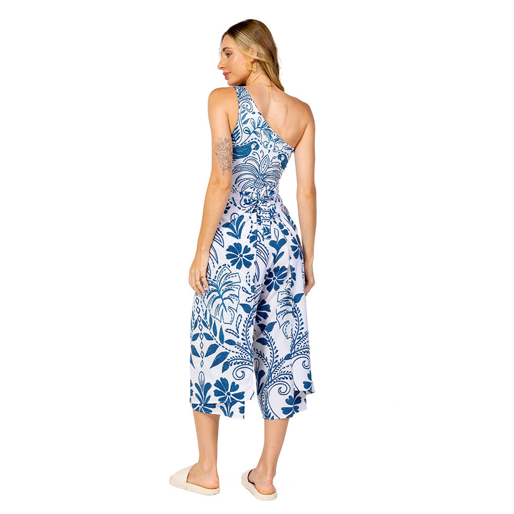 Calça Feminina Transpassada Estampada Araras Bordado Fundo Off