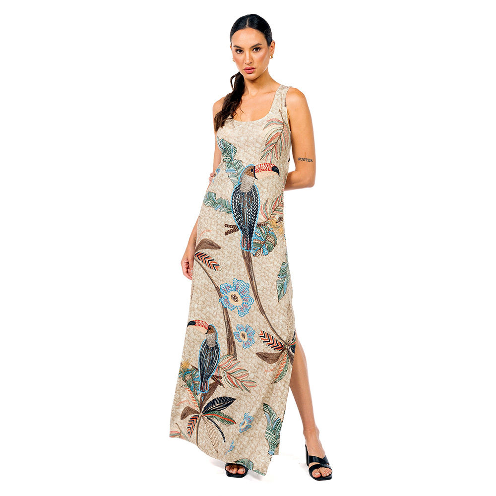 Vestido Feminino Hortência Estampado Tucaninhos Bordados