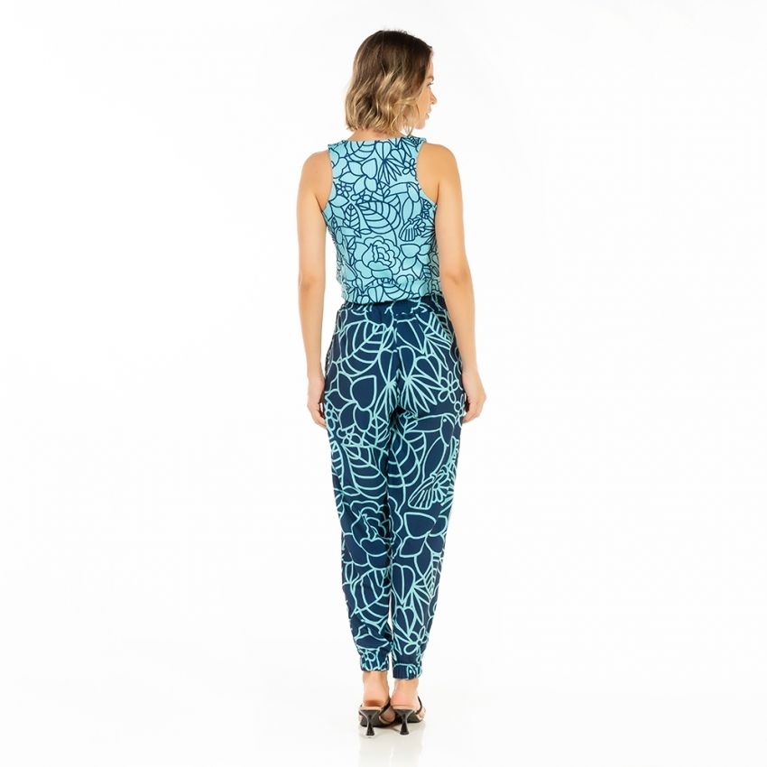 Top Feminino Canelado Estampado Tucano Flores Linhas Azul