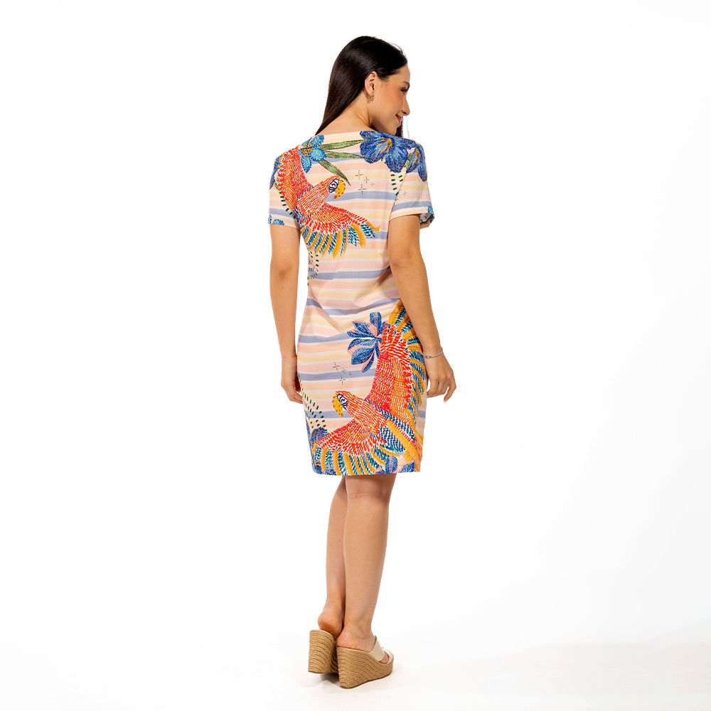 Vestido Feminino Atena Curto Estampado Pássaros e Flores Bordado