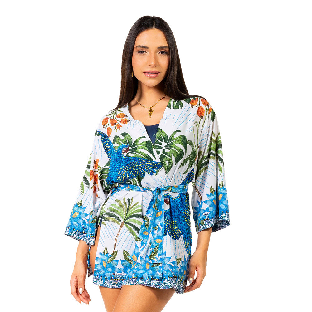 Kimono Raizes Estampado Arara Bordado Barra Fundo Azul