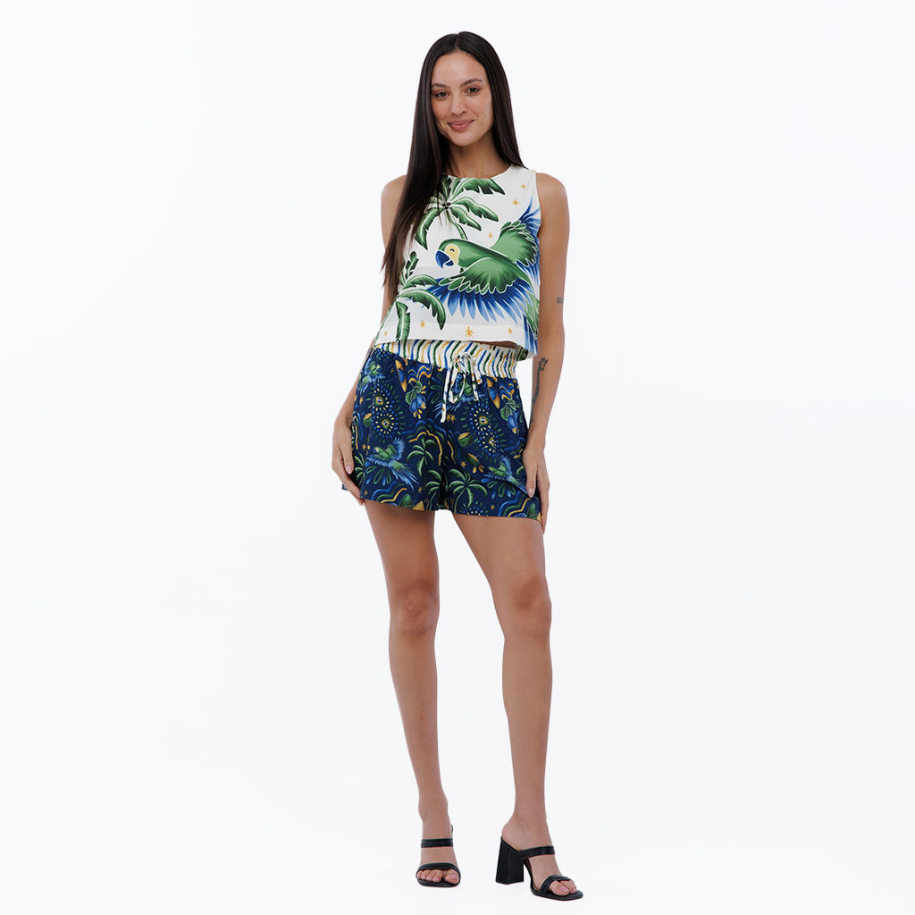 Shorts Feminino Atena Resort Estampado Motivos Tropicais Brasil