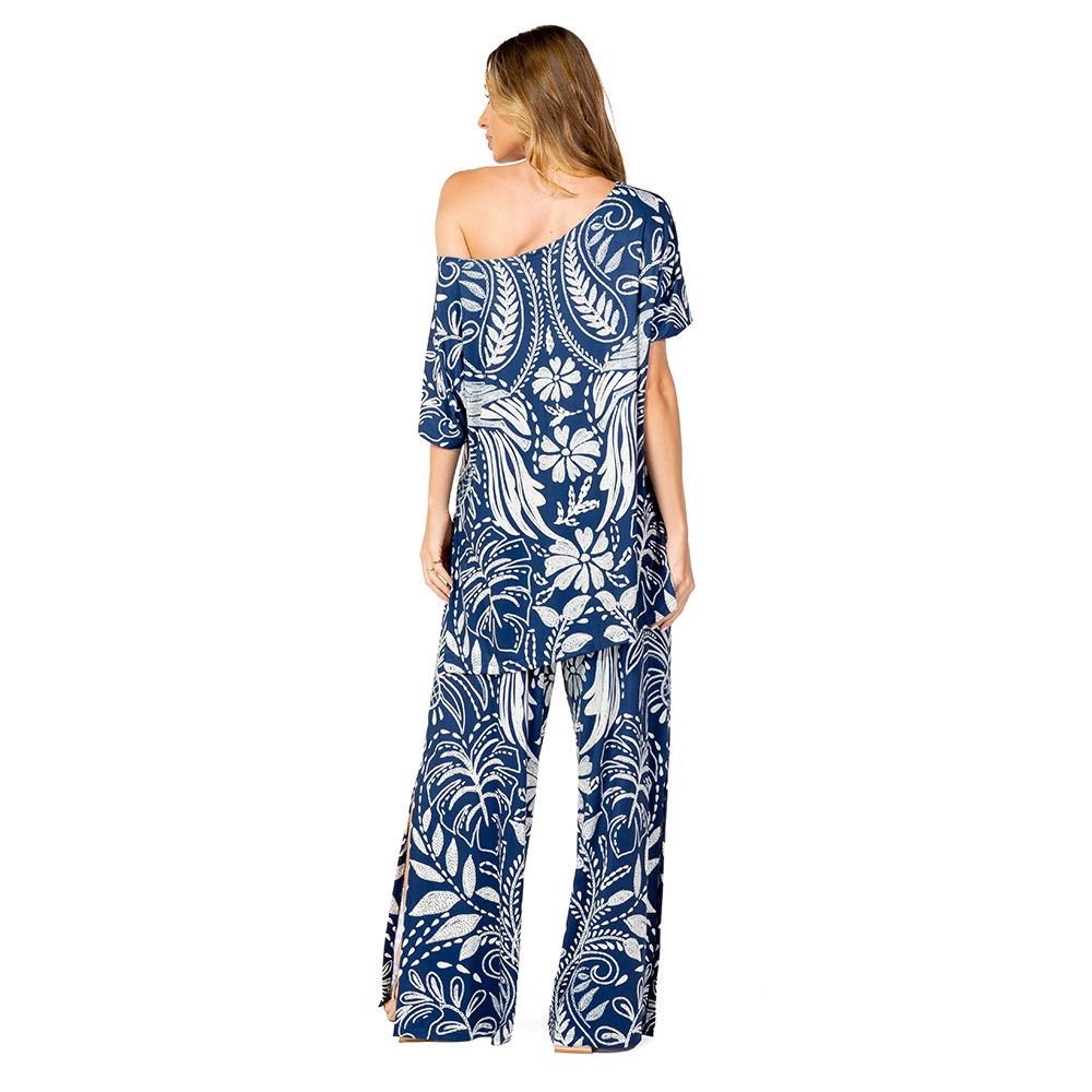 Calça Feminina Com Fenda New Estampada Araras Bordado Fundo Off
