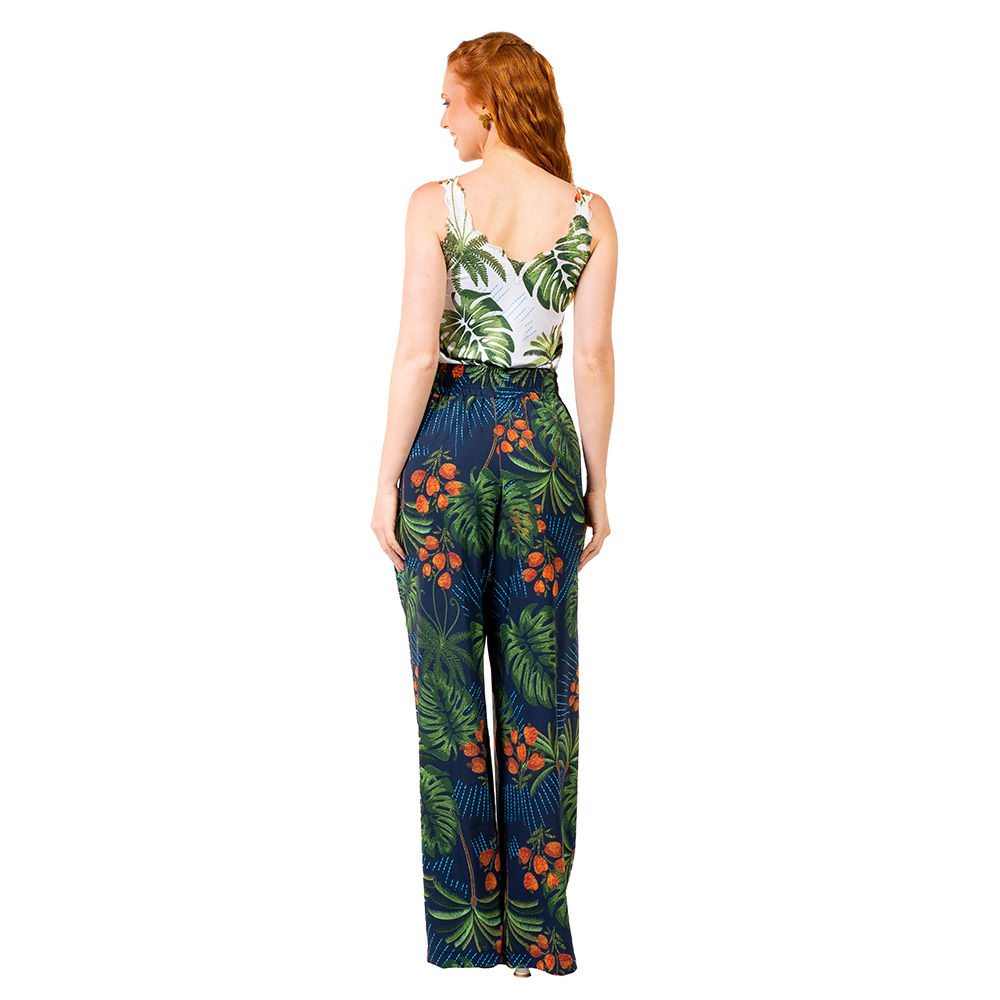 Calça Feminina Ampla Atena Estampada Arara Bordado Barra Fundo Azul