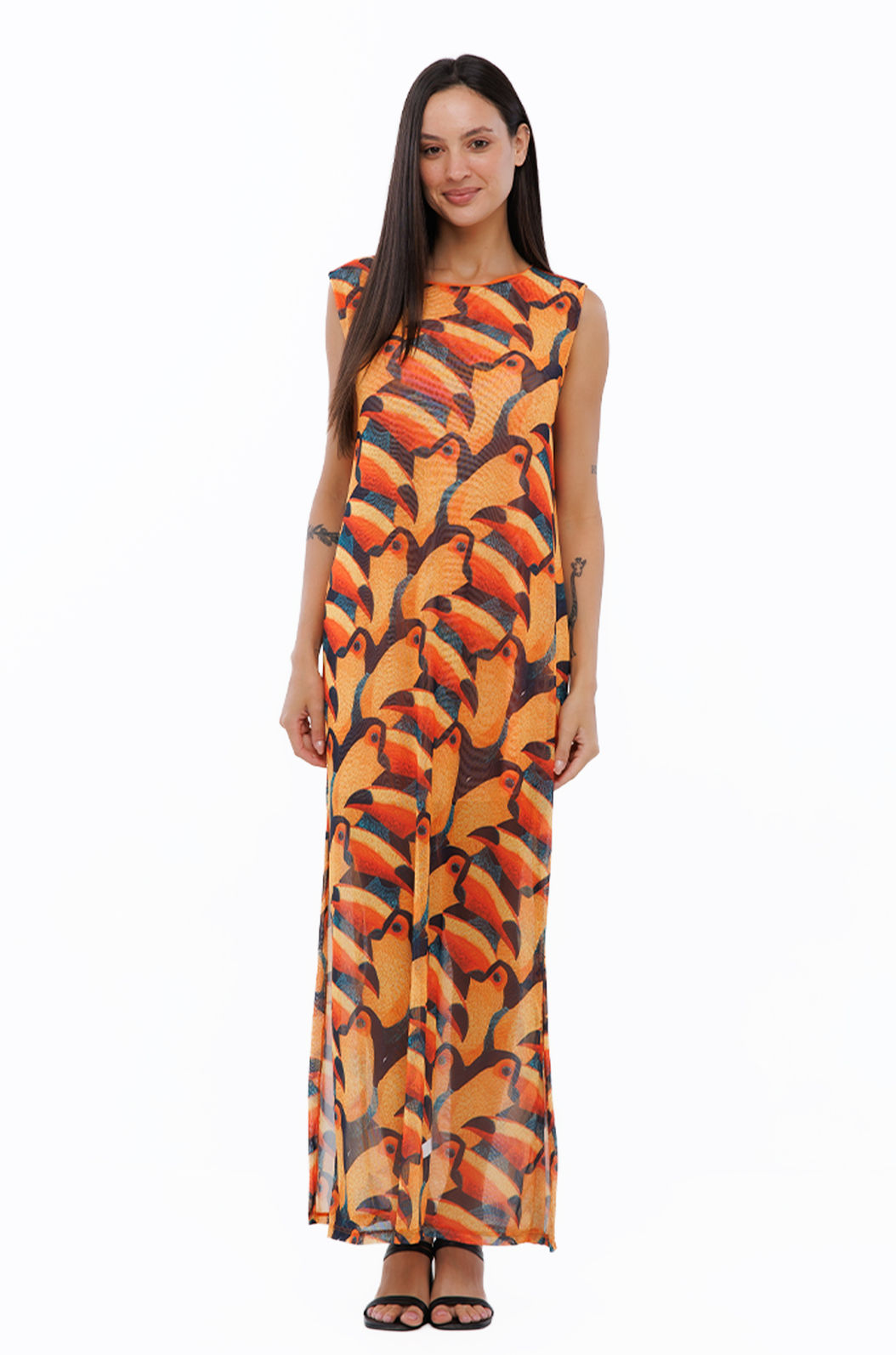 Vestido Feminino Tule Maré Estampado Tucanos Tela Bordada