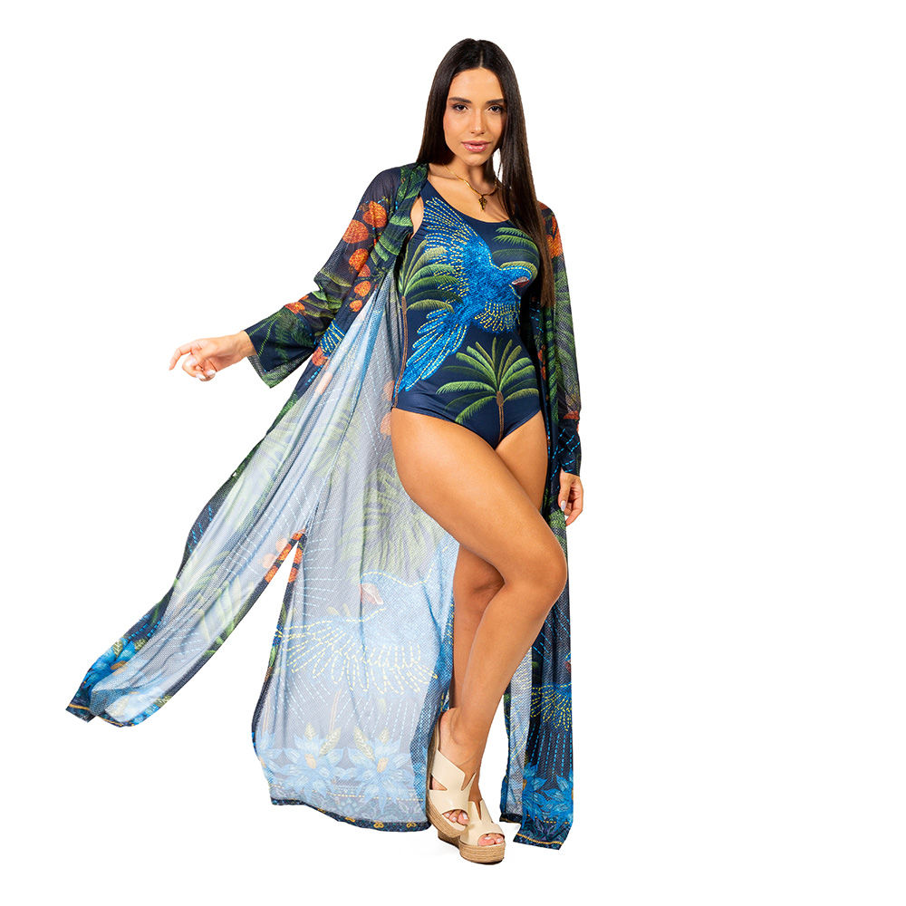 Saída de Praia Trancoso Estampada Arara Bordado Barra Fundo Azul