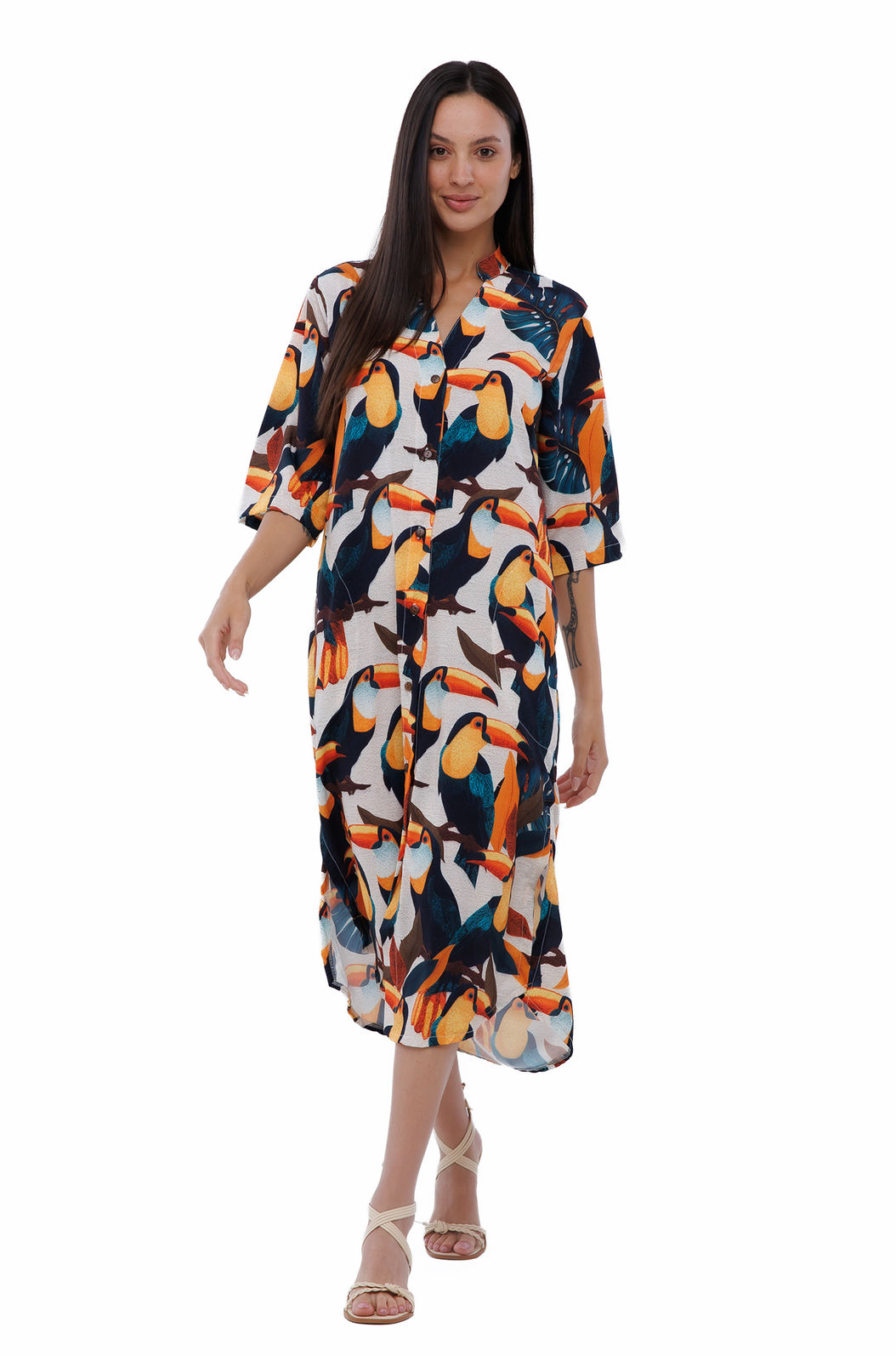 Vestido Feminino Chemise Atena Gola Padre Estampado Tucanos Tela Bordada