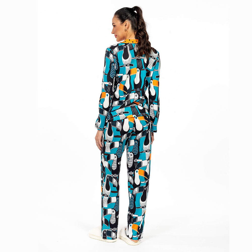 Pijama Feminino Manga Longa Americano Estampado Tucano Vetor Pontos