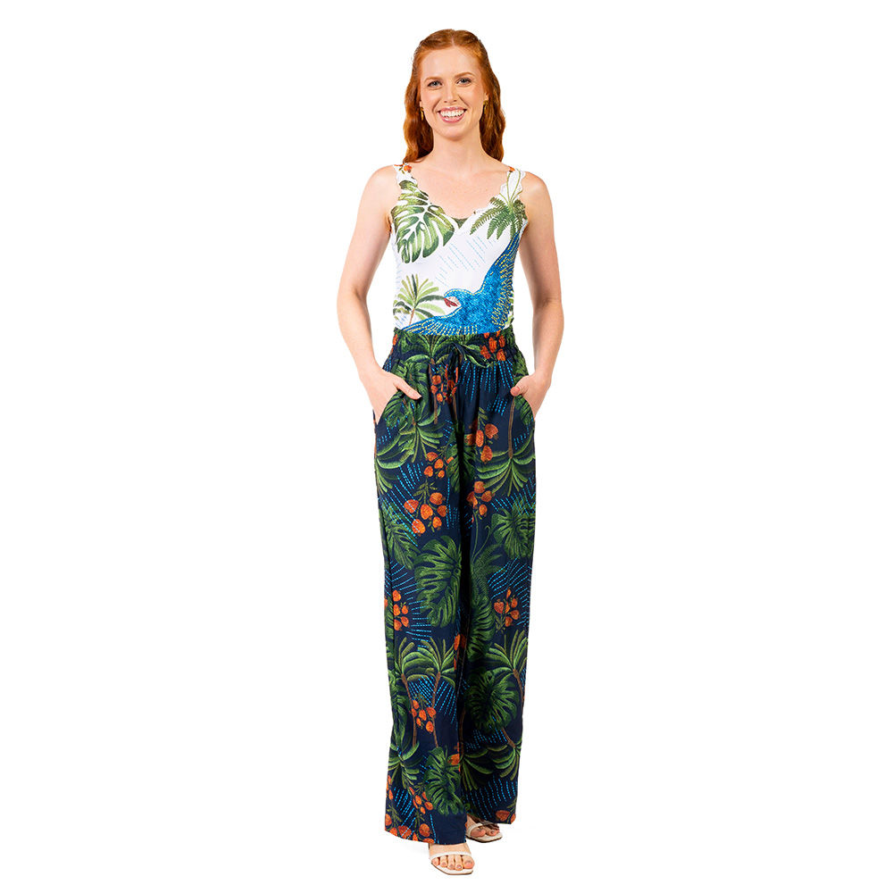 Calça Feminina Ampla Atena Estampada Arara Bordado Barra Fundo Azul