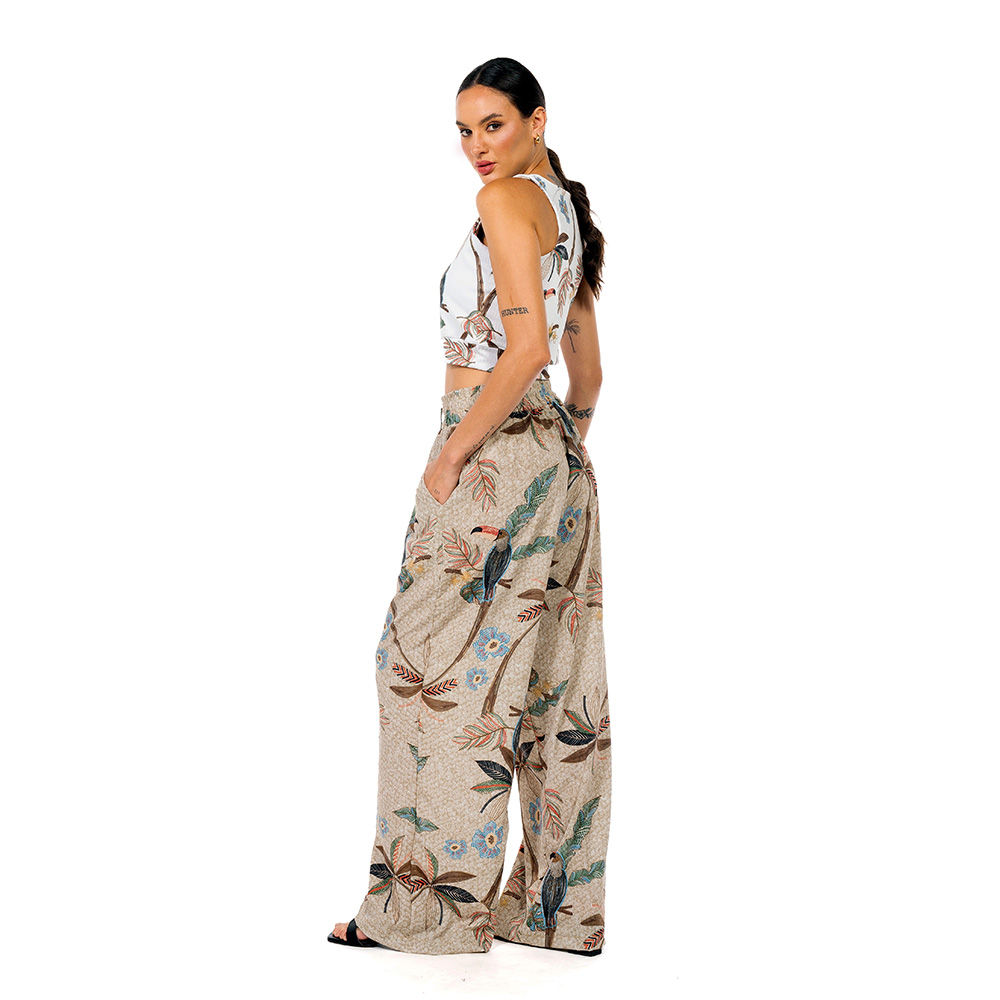 Calça Feminina Ampla Atena Estampada Tucaninhos Bordados