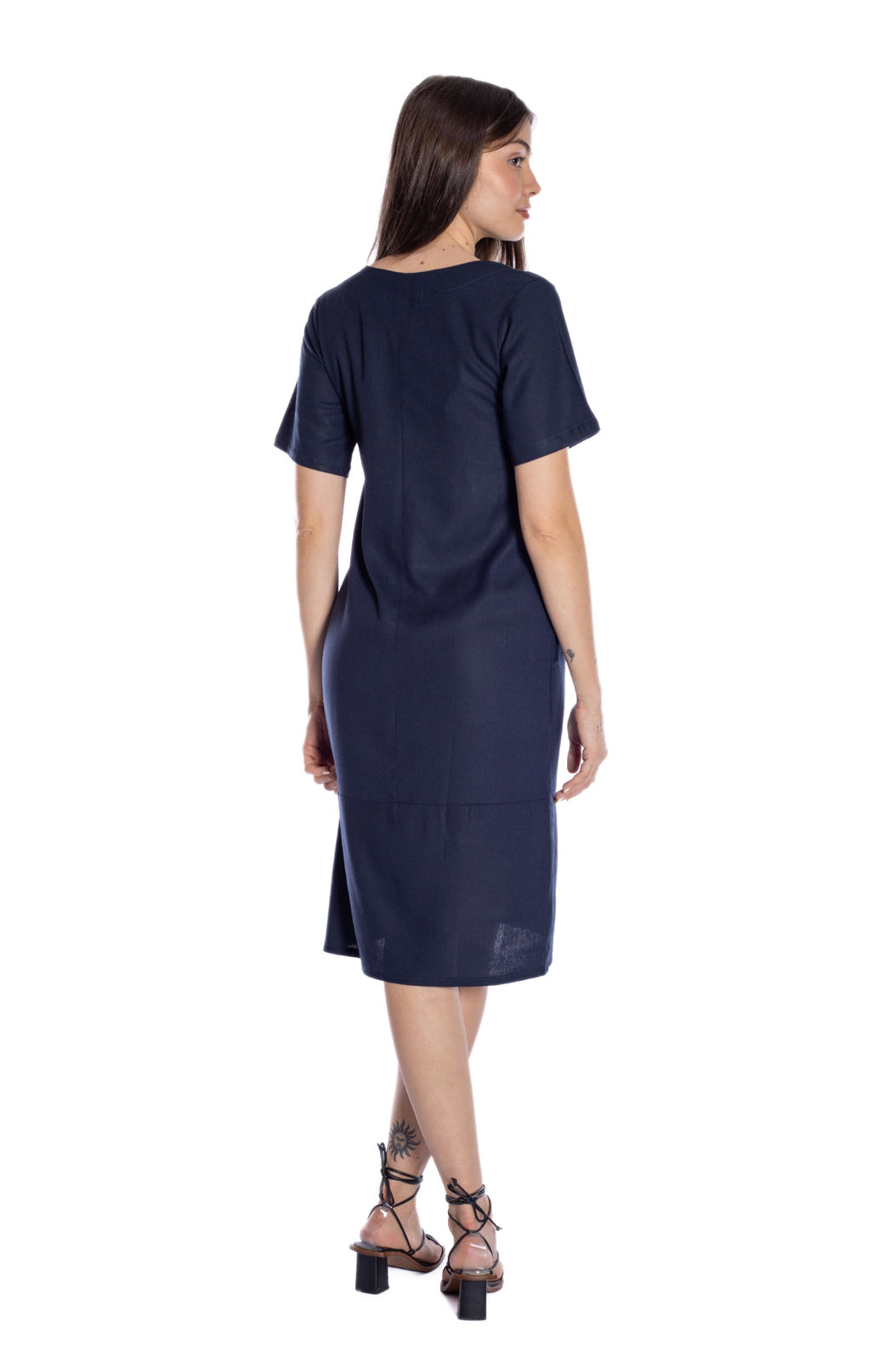 Vestido Feminino Linho Transpasado com Barrado Marinho Vestido Feminino Linho Transpasado com Barrado Marinho