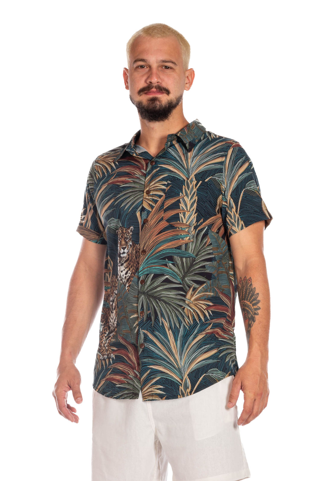 Camisa Masculina de Botão Estampada Onças Pontos de Luz Camisa Masculina de Botão Estampada Onças Pontos de Luz