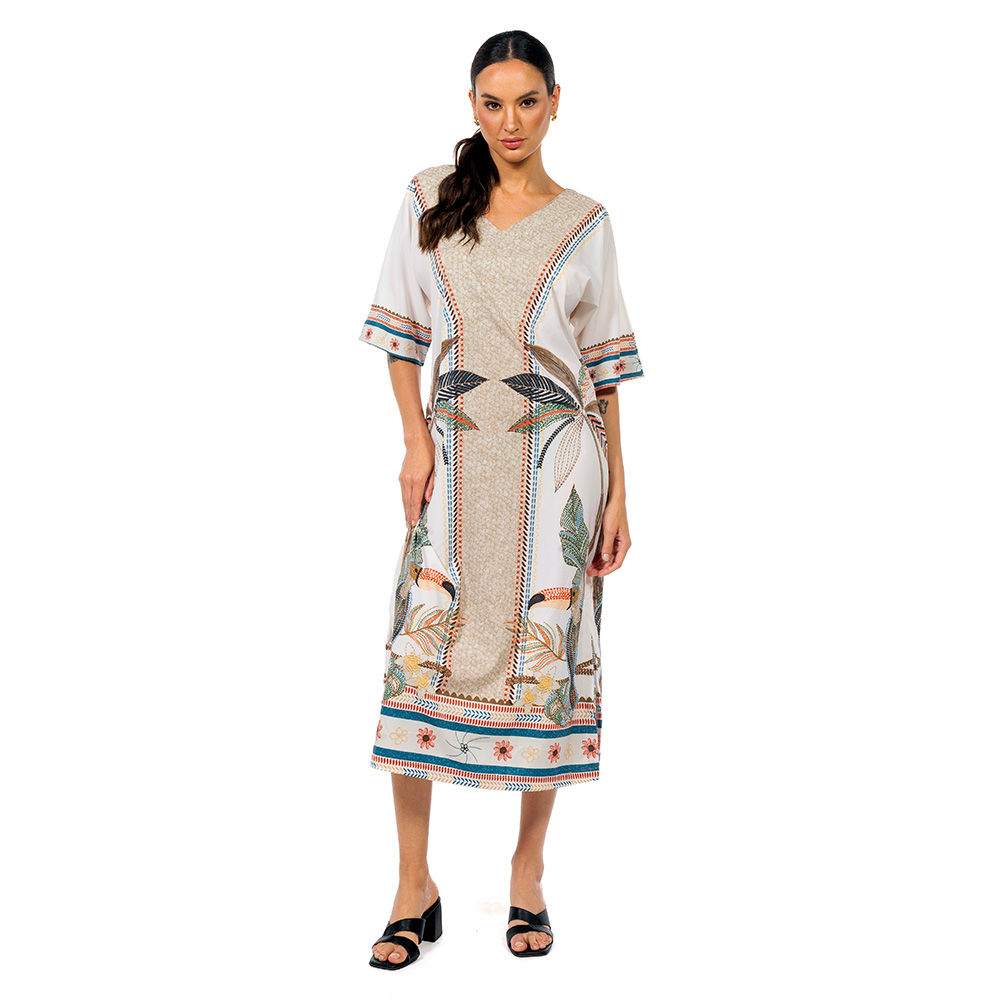 Vestido Feminino Kaftan Atena Estampado Tucaninhos Bordados