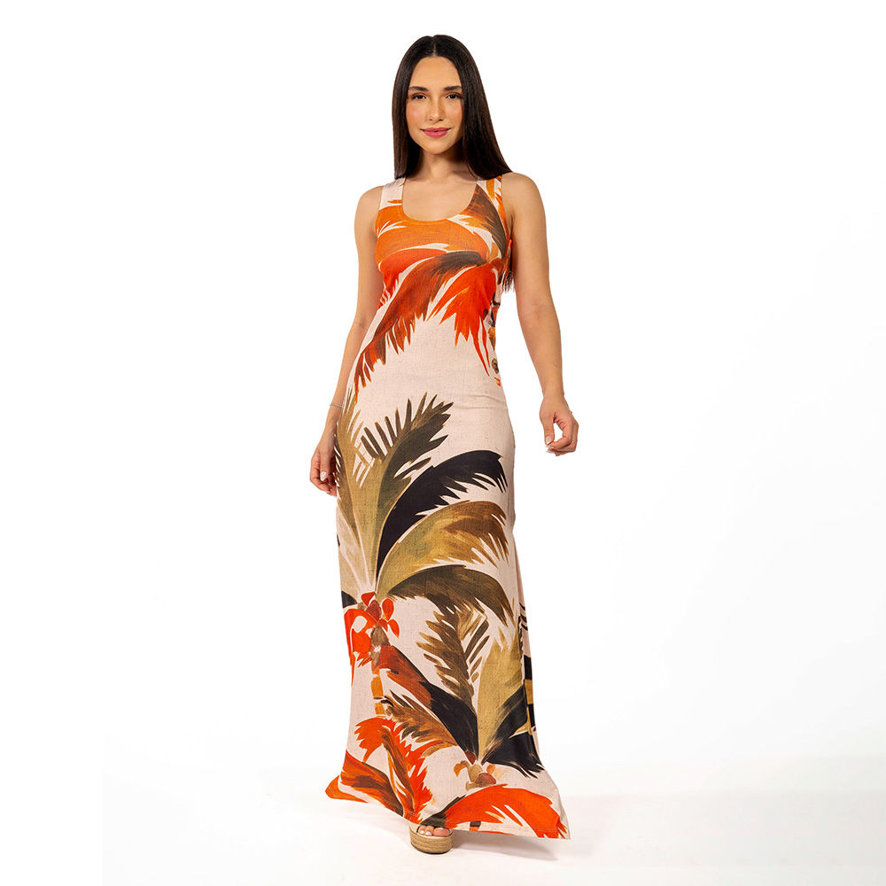 Vestido Feminino Hortência Estampado Coqueiros Aquarela