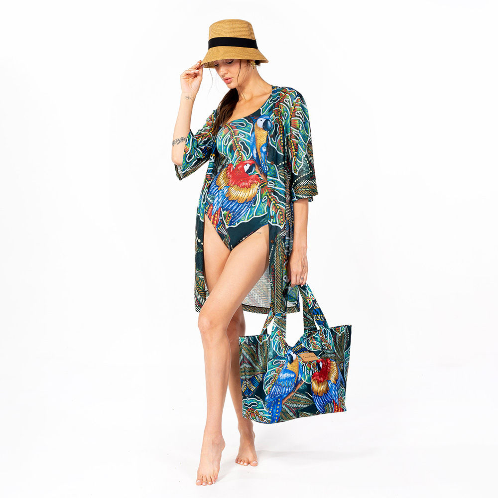 Body Feminino Ombro Só Dupla Face Estampado Araras Folhagens Étnicas