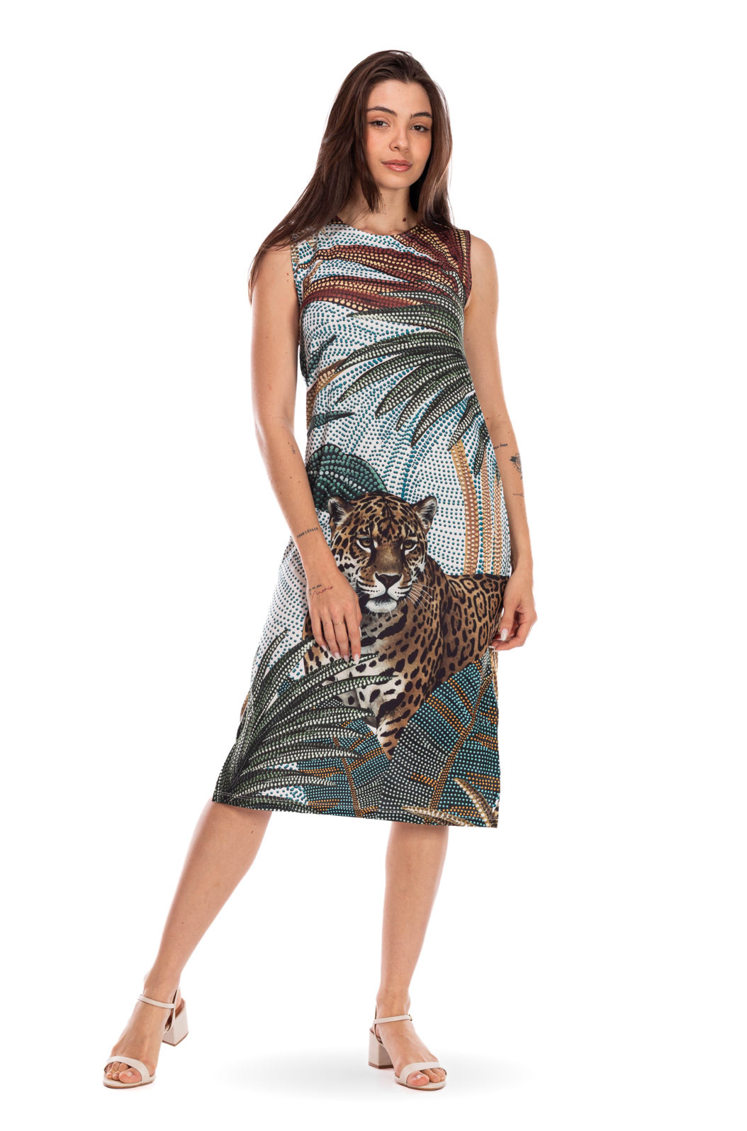 Vestido Feminino Clássico Midi Estampado Onças Pontos de Luz Vestido Feminino Clássico Midi Estampado Onças Pontos de Luz