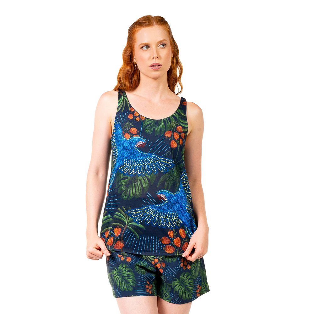 Regata Summer Estampada Arara Bordado Barra Fundo Azul
