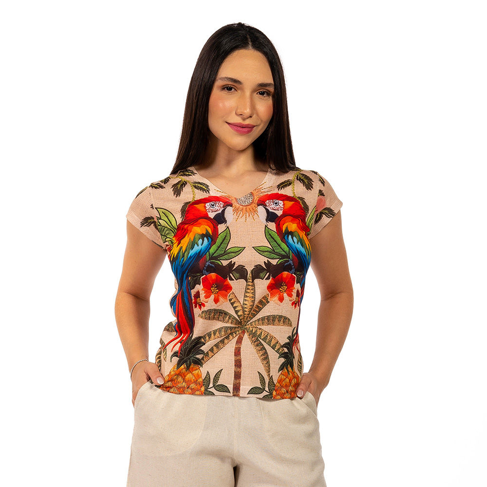 Blusa Florata Estampada Aves Tropicais Barrado
