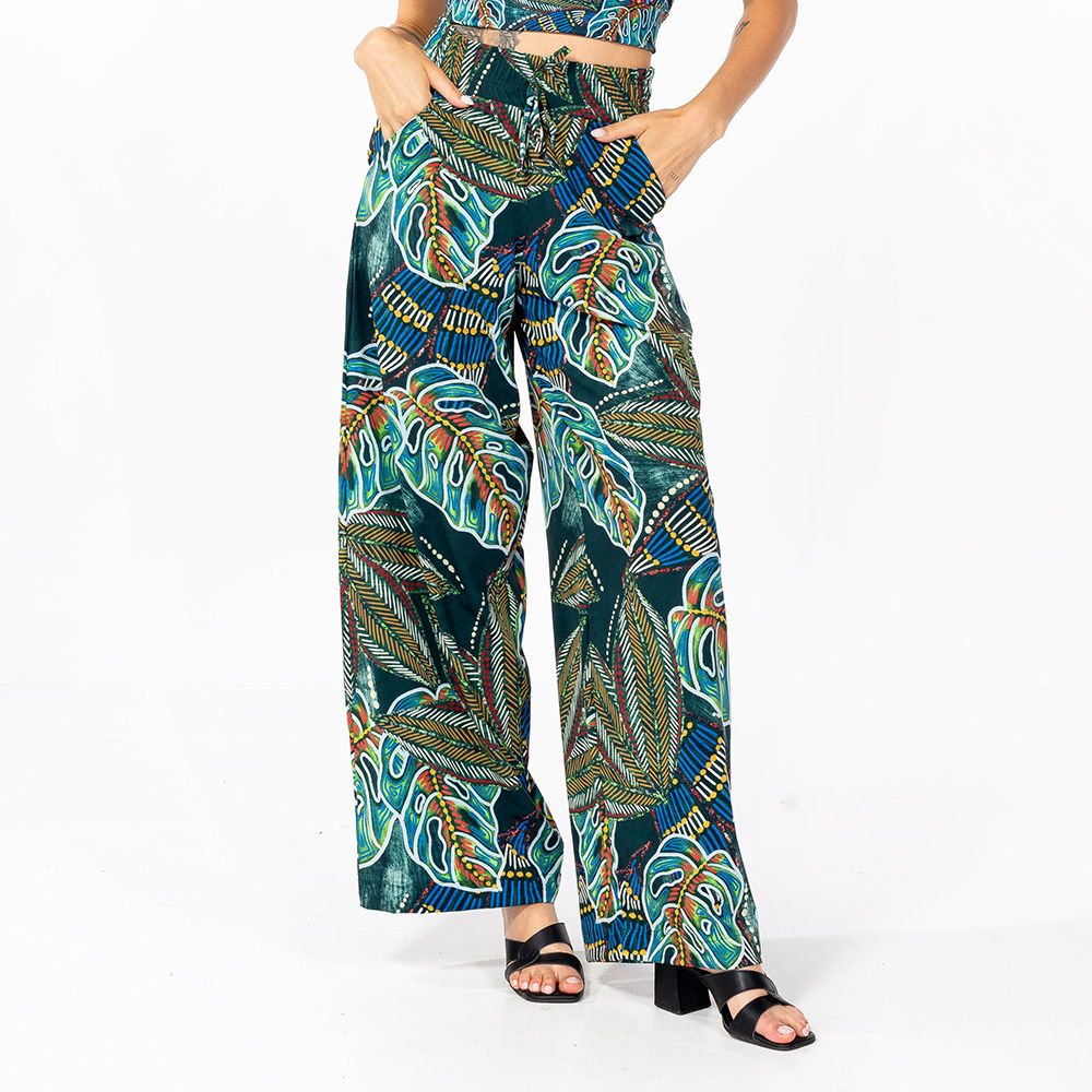Calça Feminina Ampla Atena Estampada Araras Folhagens Etnicas