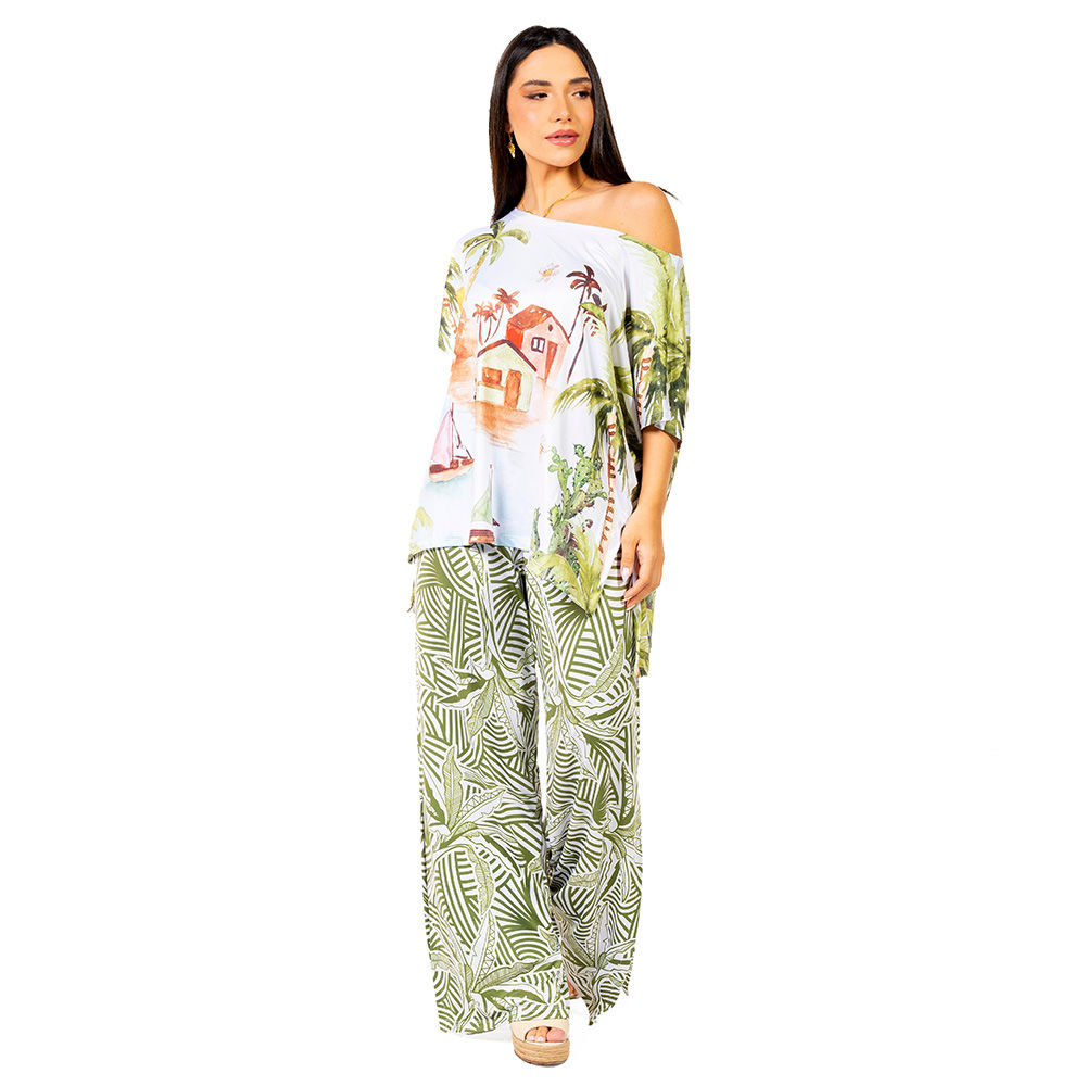 Calça Feminina Com Fenda New Estampada Bananeiras Vetor Fundo Off