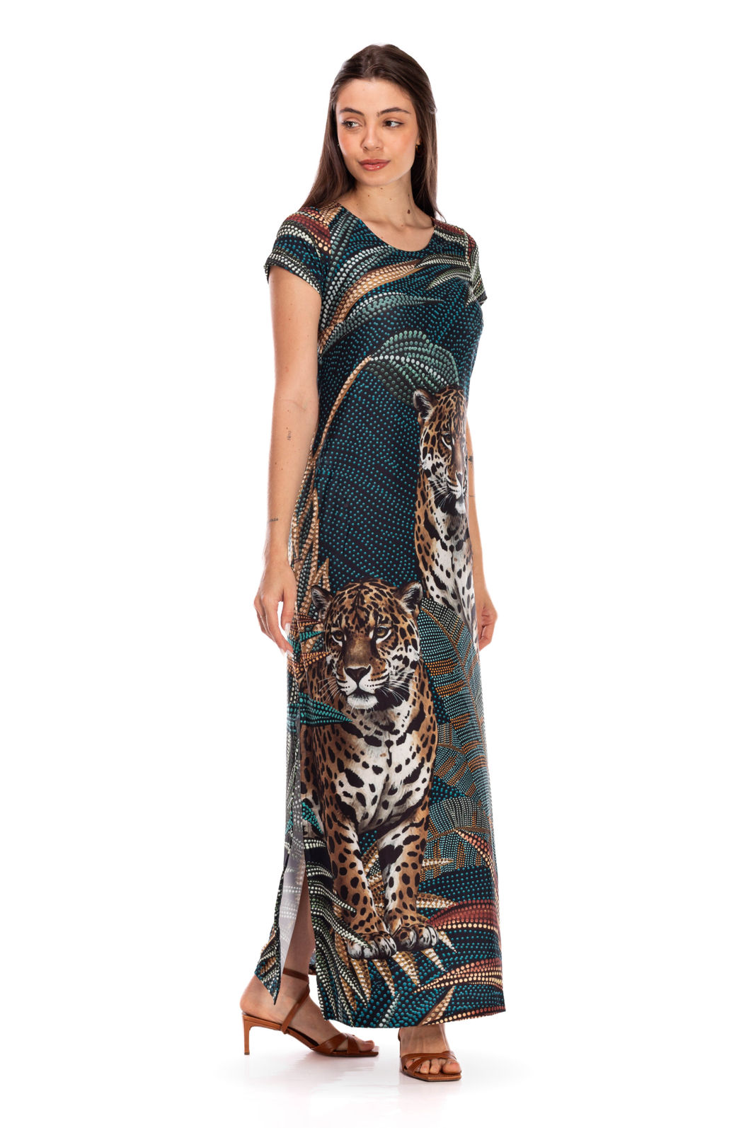 Vestido Feminino Fluid Longo Estampado Onças Pontos de Luz Vestido Feminino Fluid Longo Estampado Onças Pontos de Luz