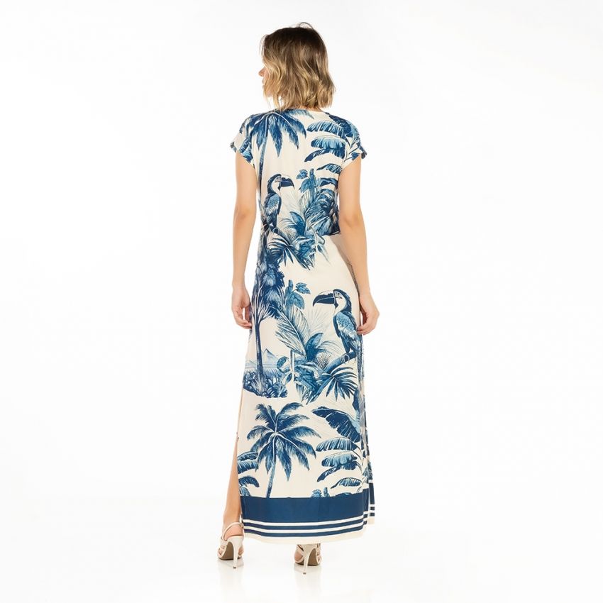 Vestido Feminino Jeri Longo New Estampado Tucano Paisagem Tons de Azul Vestido Feminino Jeri Longo New Estampado Tucano Paisagem Tons de Azul