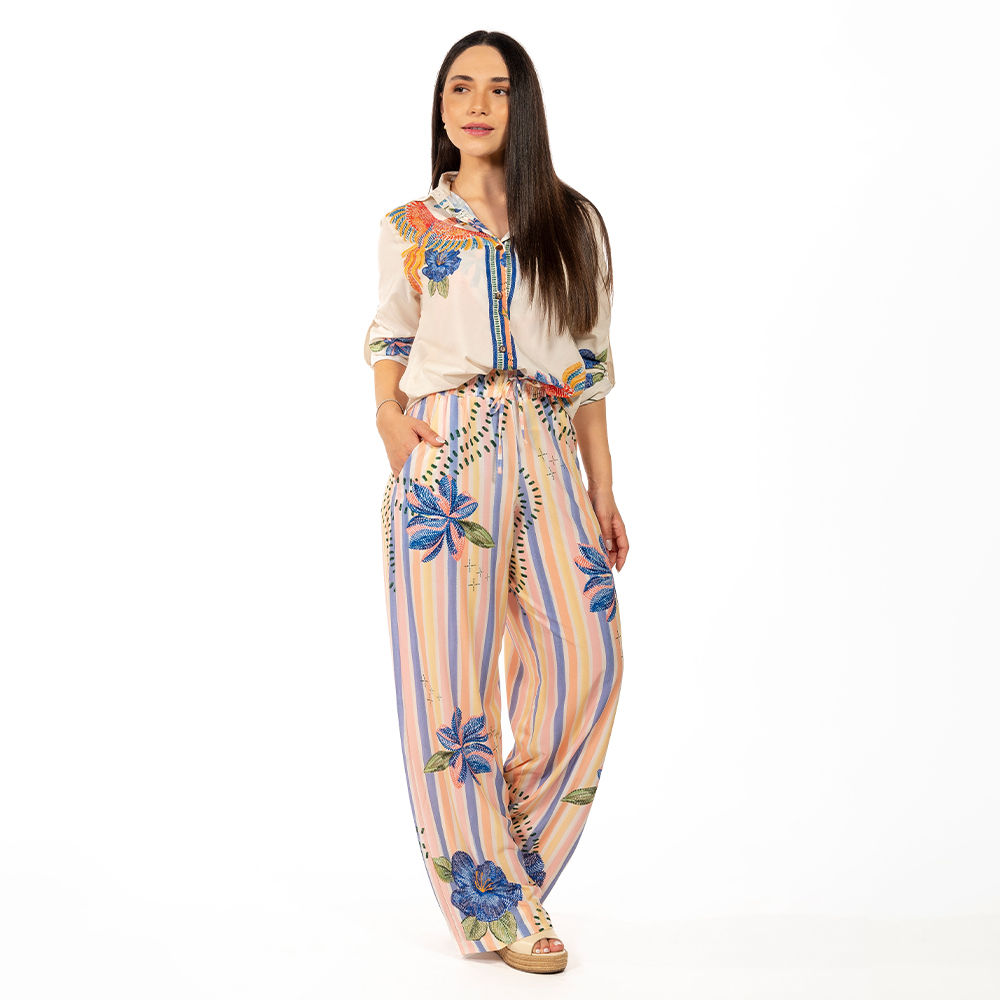 Camisa Atena Verão Alongada Estampada Pássaros e Flores Bordado
