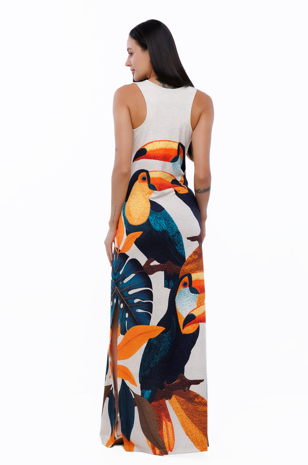 Vestido Feminino Hortência Estampado Tucanos Tela Bordada