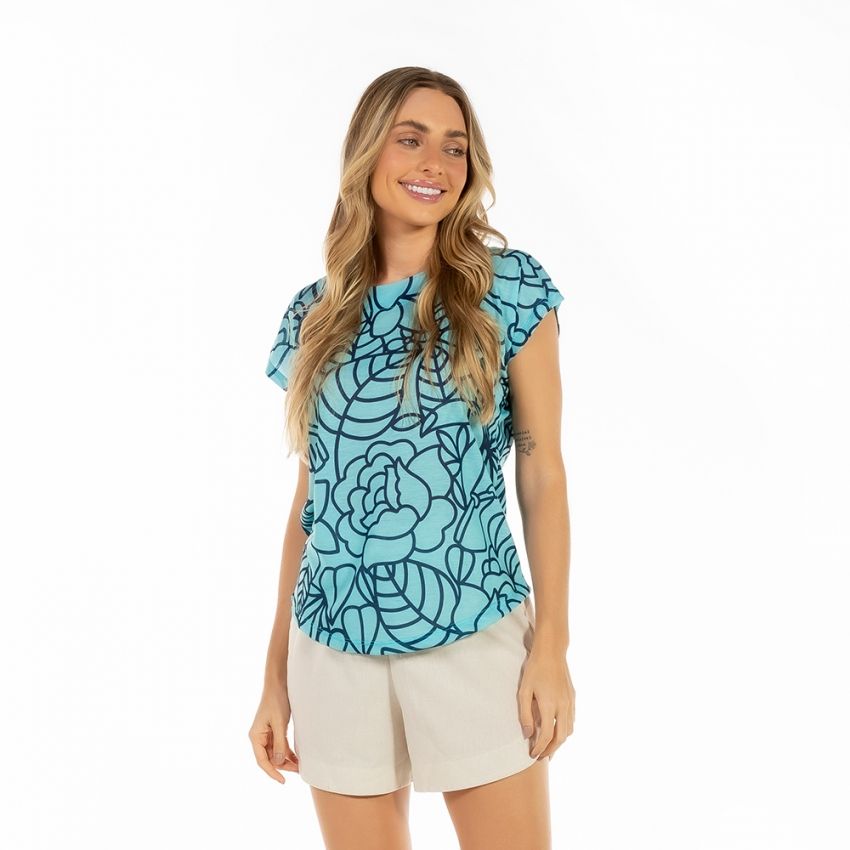 Blusa Feminina Jasmim Estampada Tucano Flores Linhas Azul